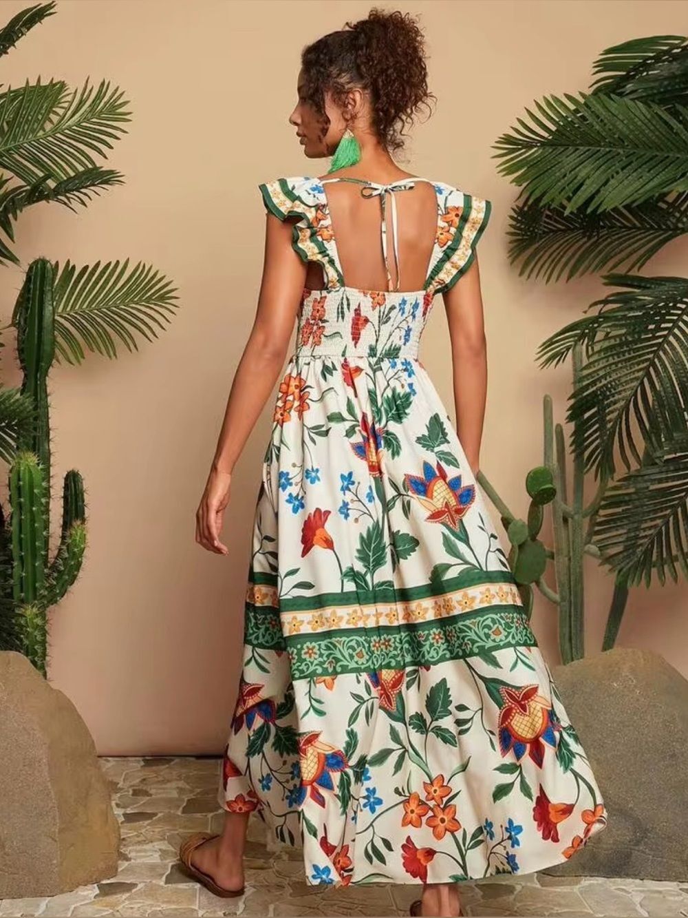 Tropical Floral Long Maxi Dress Size Medium Vacation Summer Boho Colorful Island - Picture 2 of 10